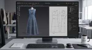 واجهة برنامج CLO3D تعرض فستاناً ثلاثي الأبعاد مع شبكة هندسية دقيقة ولوحة قياسات من تصميم Modarakia Patterns.