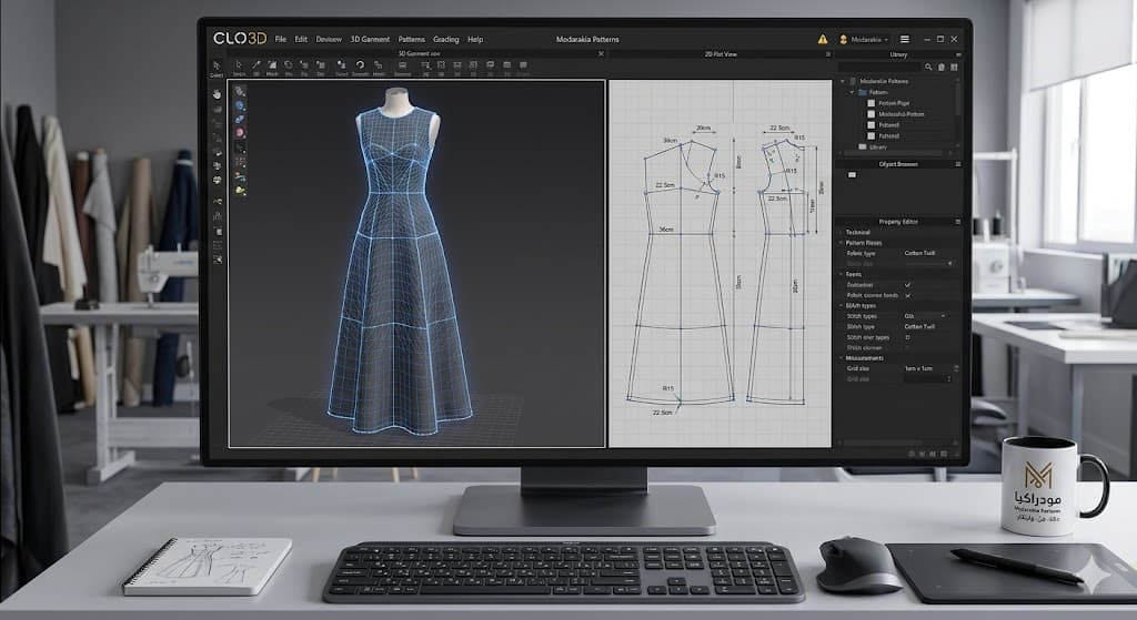 واجهة برنامج CLO3D تعرض فستاناً ثلاثي الأبعاد مع شبكة هندسية دقيقة ولوحة قياسات من تصميم Modarakia Patterns.
