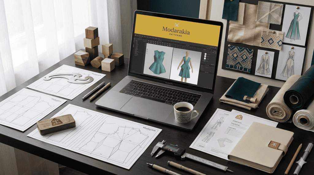 مساحة عمل مصممة أزياء تجمع بين لوحة الإلهام، عينات الأقمشة، ومخططات الباترون التقنية.