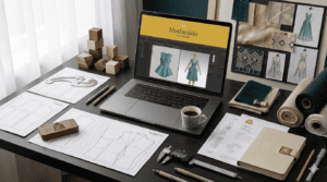 مساحة عمل مصممة أزياء تجمع بين لوحة الإلهام، عينات الأقمشة، ومخططات الباترون التقنية.